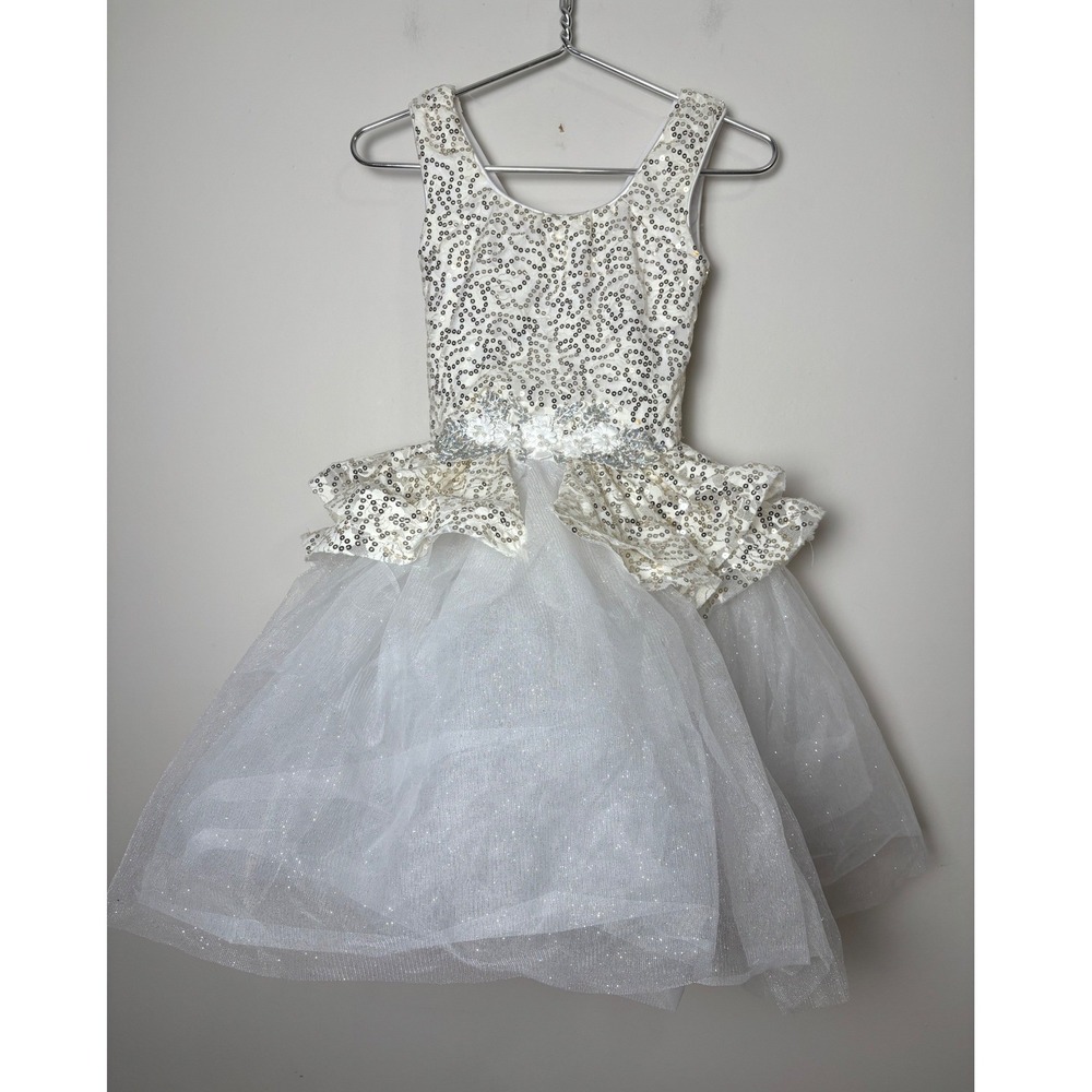 Weissman Kids Dance Costume Dress L White Gold Sequin Ballet Tutu Fairy Princess